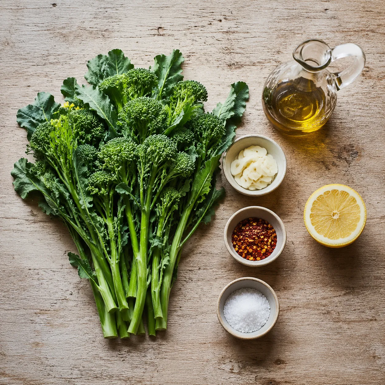 Broccoli rabe recipe ingredients flat lay with garlic, olive oil, and lemon