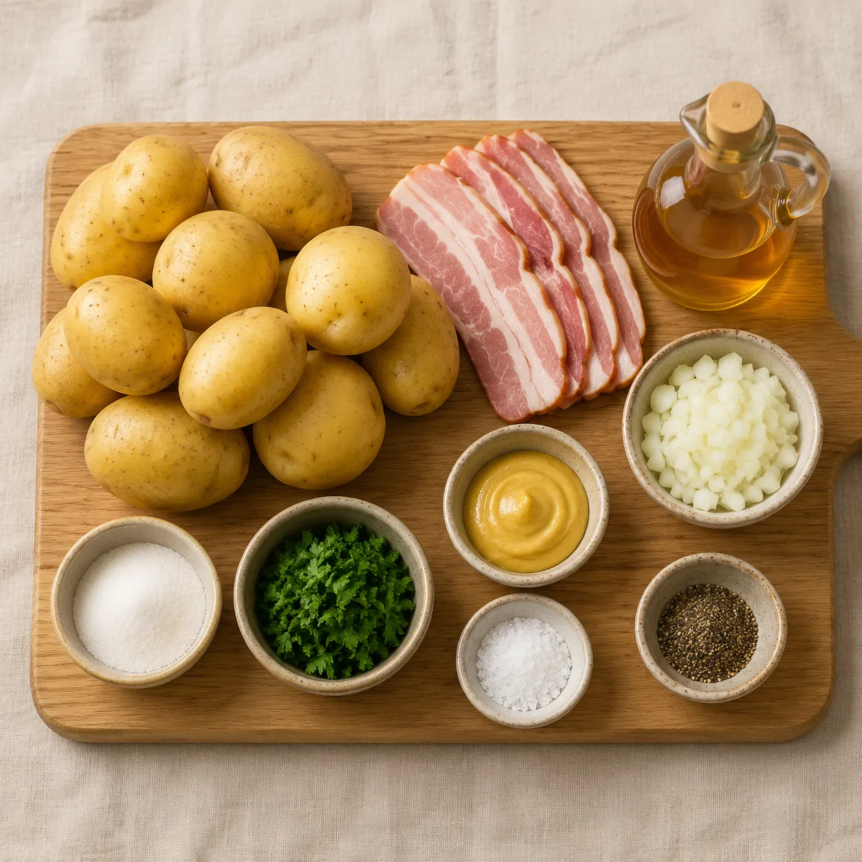 Ingredients for authentic German potato salad recipe flatlay