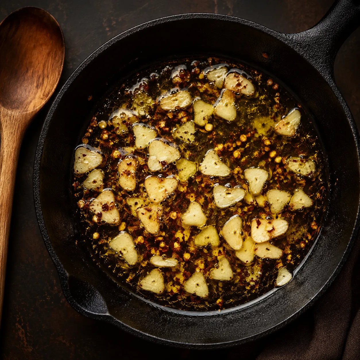 Garlic and red pepper flakes sizzling in olive oil for broccoli rabe
