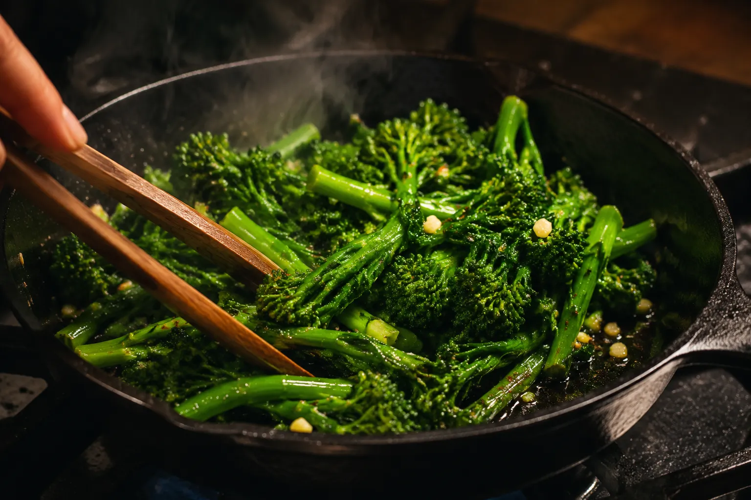Sautéing broccoli rabe with garlic and olive oil in a cast-iron skillet