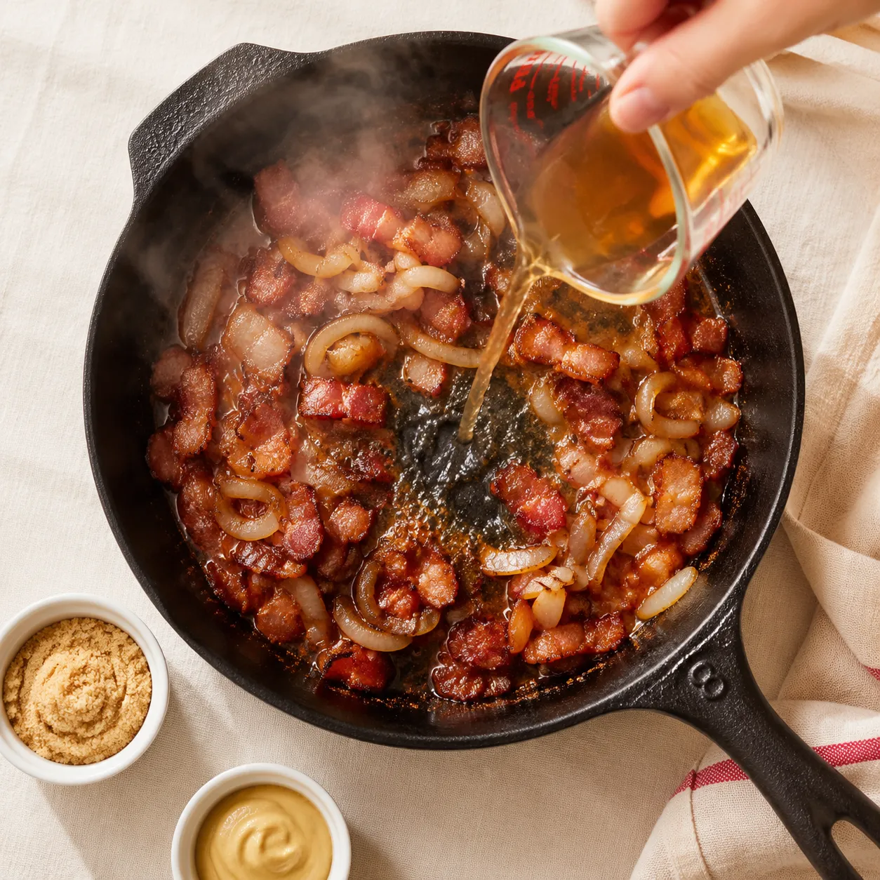 Pouring vinegar to make German potato salad dressing