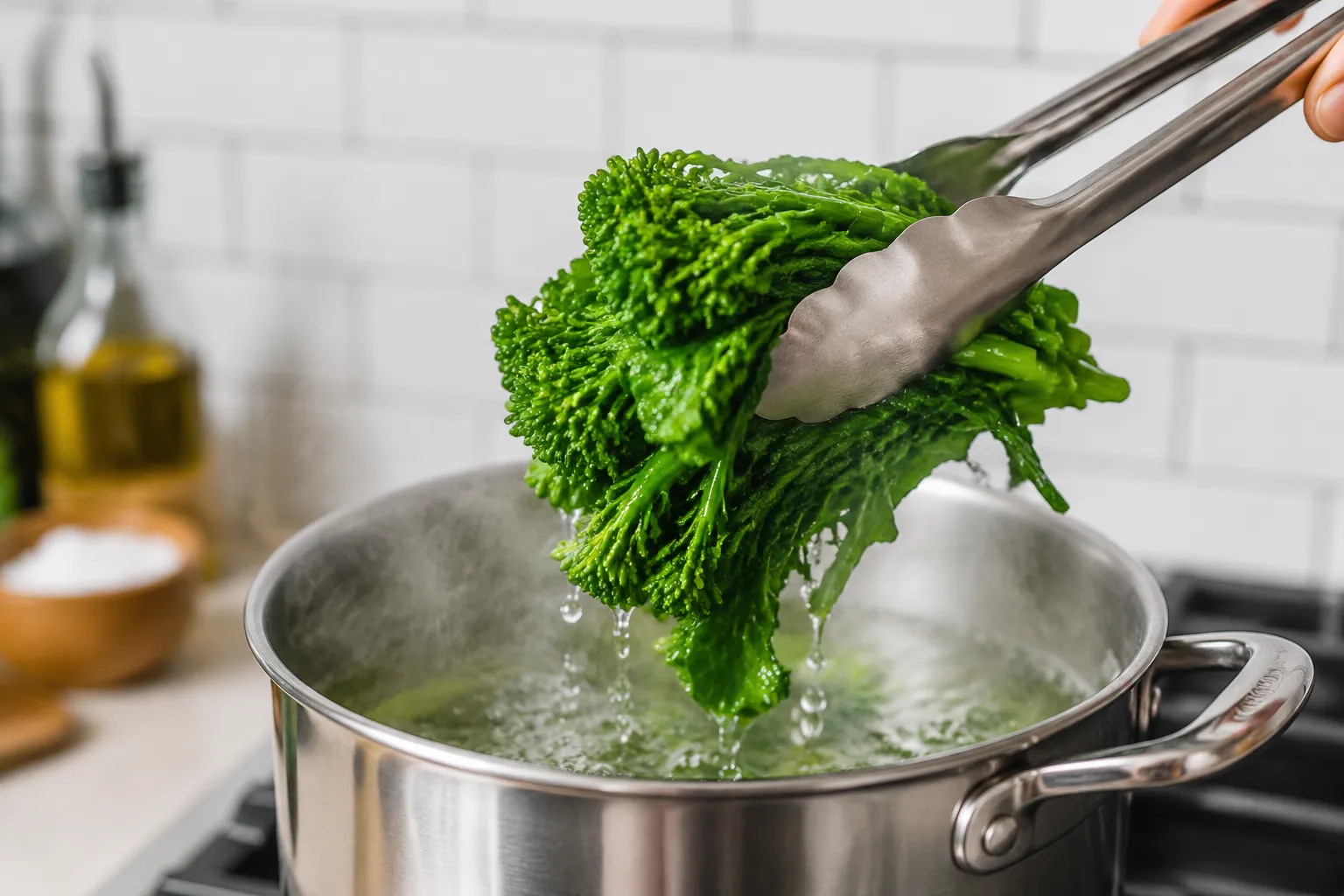 Blanching broccoli rabe in salted boiling water to reduce bitterness