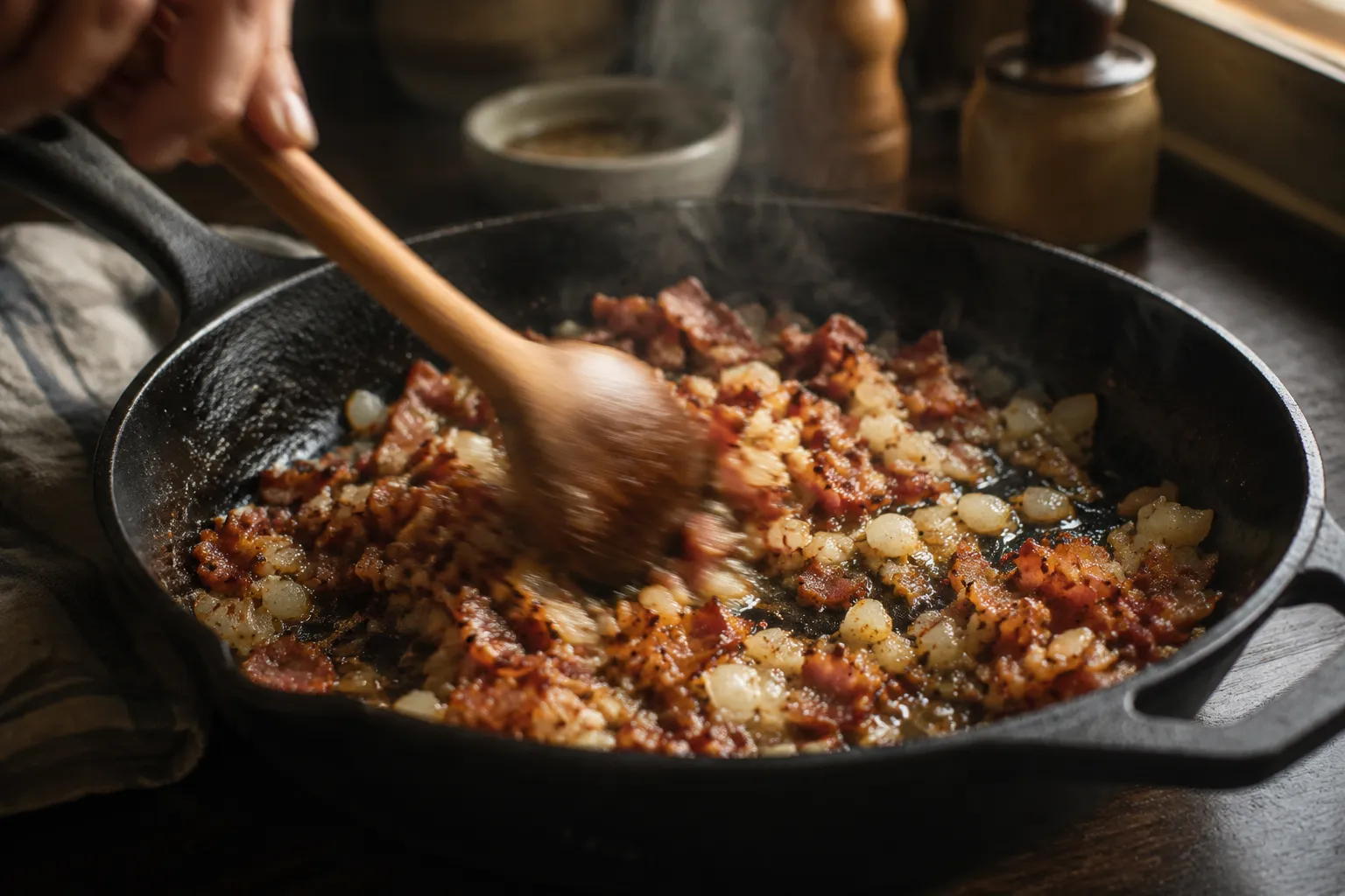 Cooking bacon and onion for hot German potato salad dressing