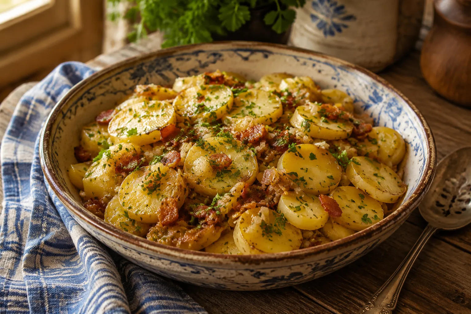 Finished warm German potato salad recipe in serving bowl