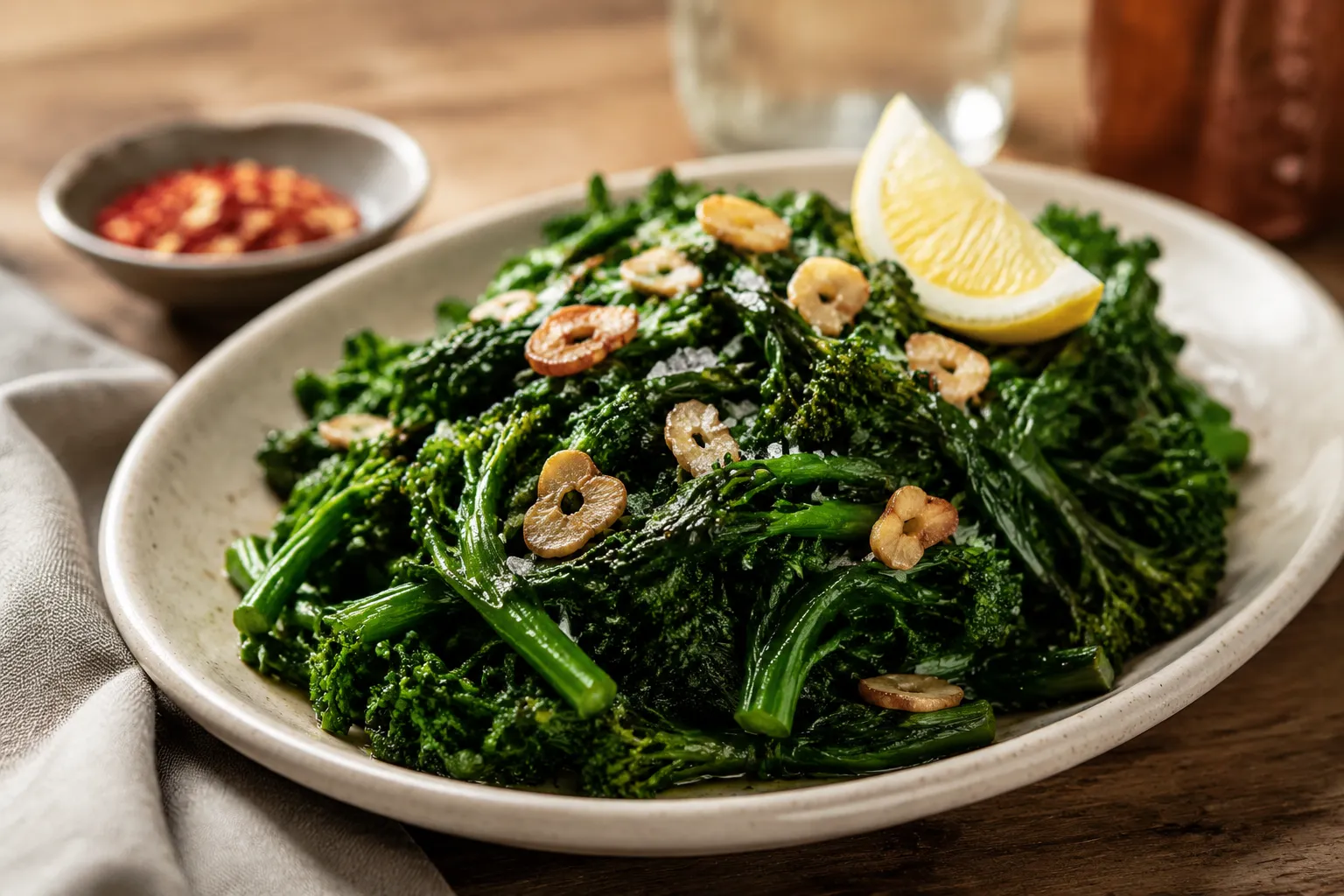 Plated sautéed broccoli rabe with garlic, chili, and lemon