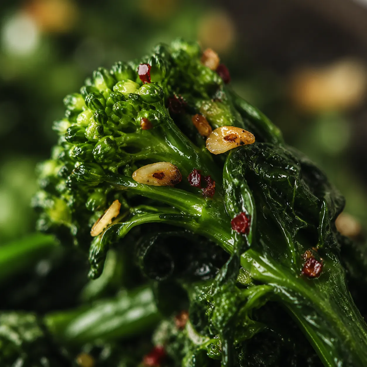 Close-up of cooked broccoli rabe with garlic and chili flakes