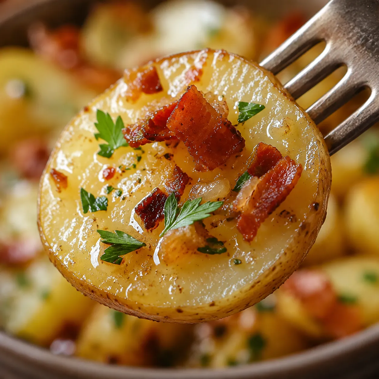 Close-up of German potato salad with bacon vinaigrette