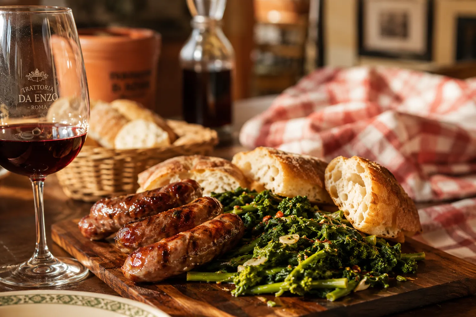Broccoli rabe served with Italian sausage and crusty bread