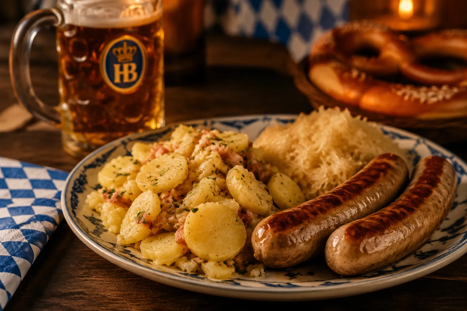 German potato salad served with bratwurst and sauerkraut