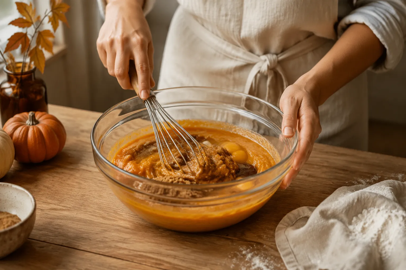 Whisking pumpkin puree, eggs, and sugar for pumpkin bar recipe