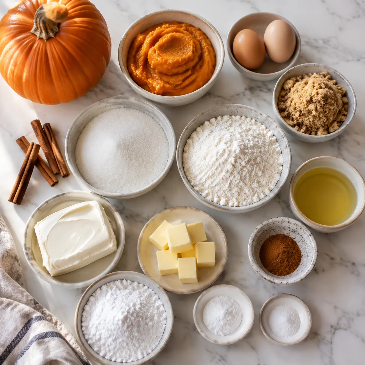 Pumpkin bars ingredients flatlay with pumpkin puree, flour, sugar, and spices