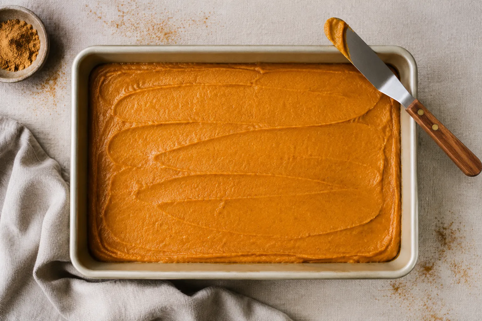 Pumpkin bars recipe batter spread in a 9x13 baking pan before baking