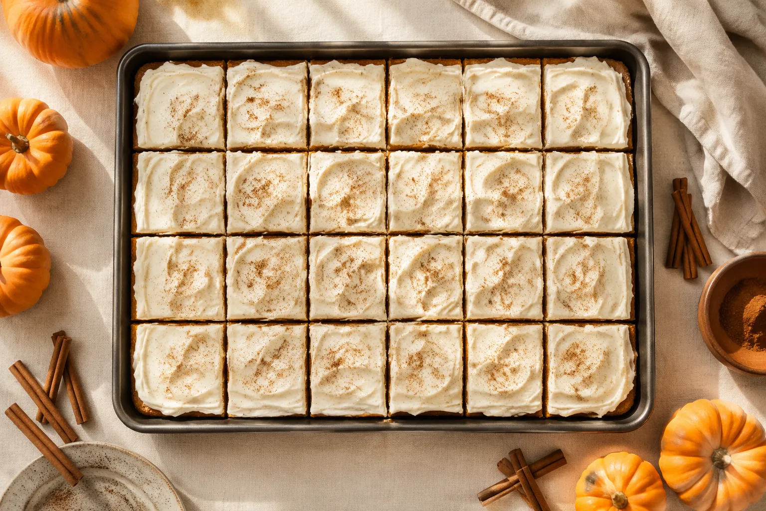 Pan of pumpkin pie bars sliced into squares with cream cheese frosting