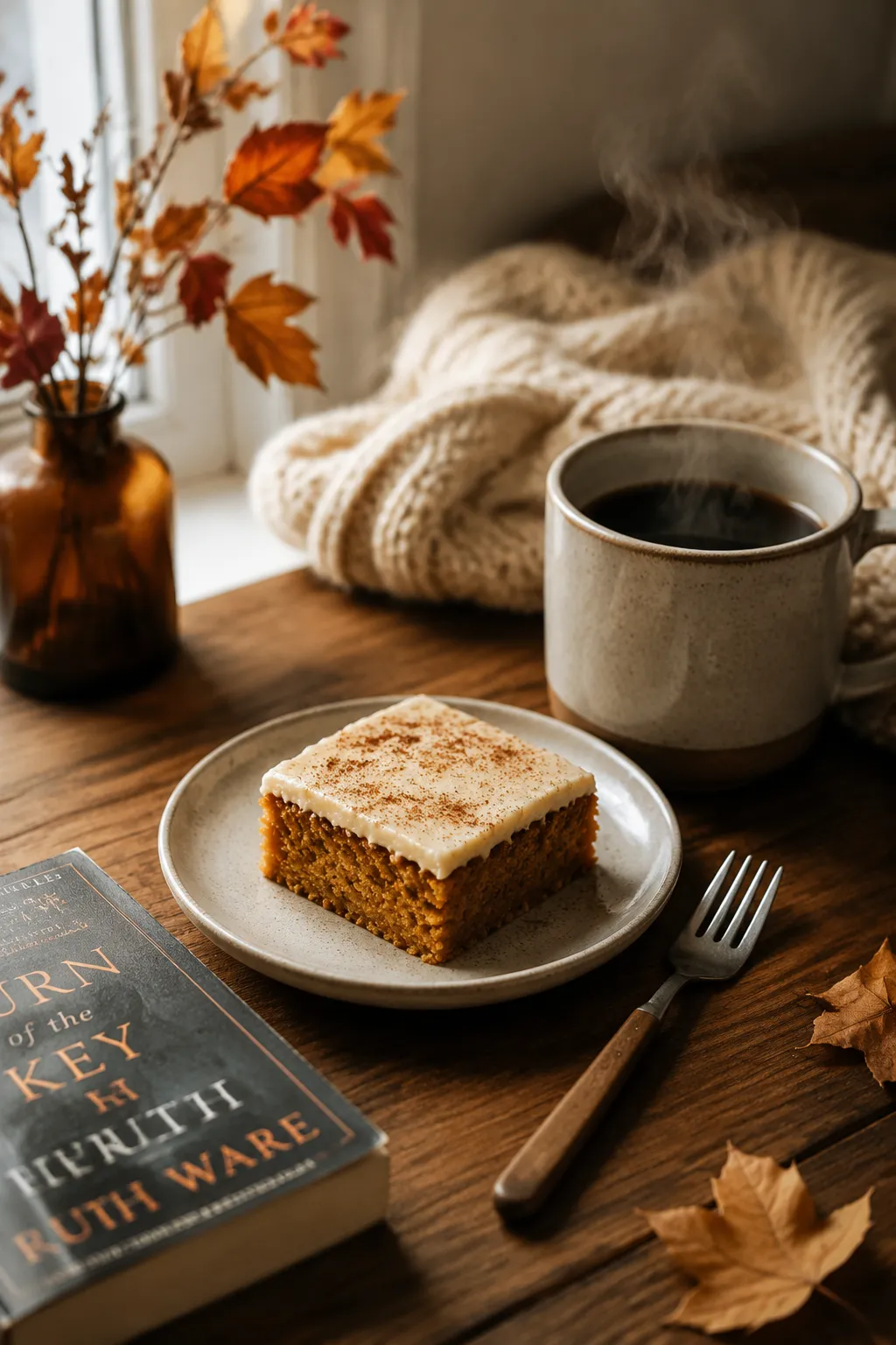 Pumpkin bar served with coffee for a cozy fall dessert