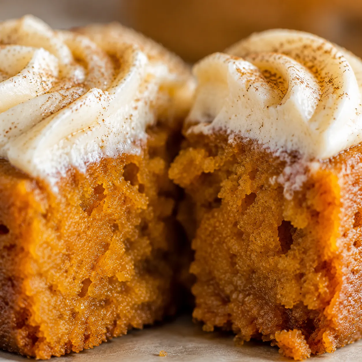 Close-up of soft pumpkin bar crumb and cream cheese frosting
