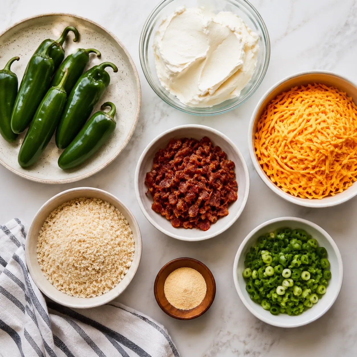 Ingredients for jalapeno poppers recipe with cream cheese, bacon, and panko
