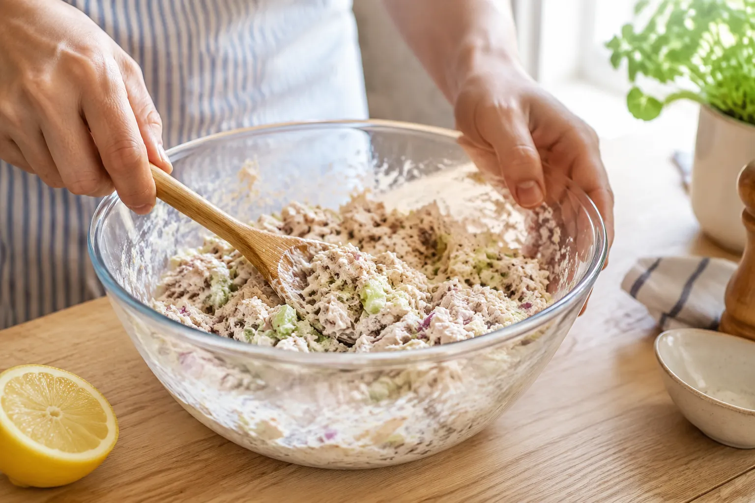 Mixing creamy tuna salad for a classic tuna melt
