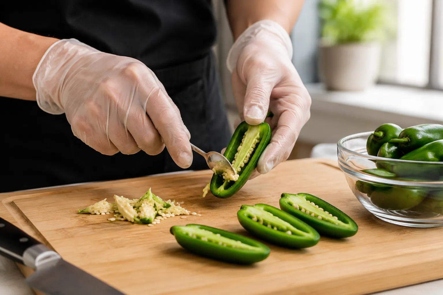 Preparing jalapenos for a homemade jalapeno poppers recipe