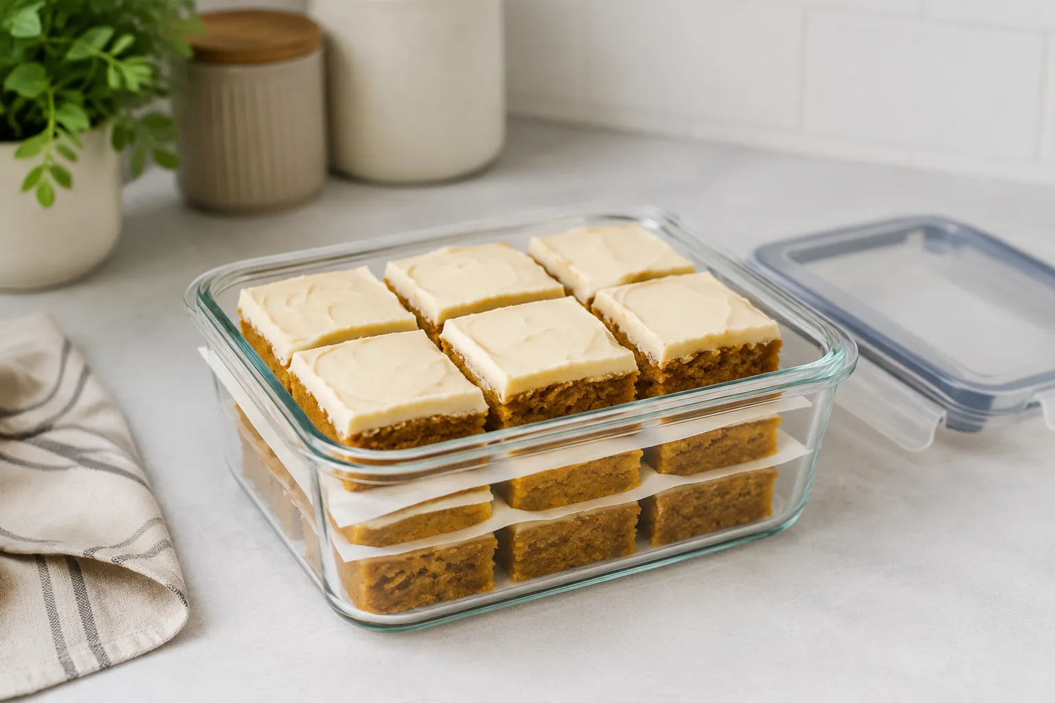 Storing pumpkin bars in a glass container for the fridge or freezer