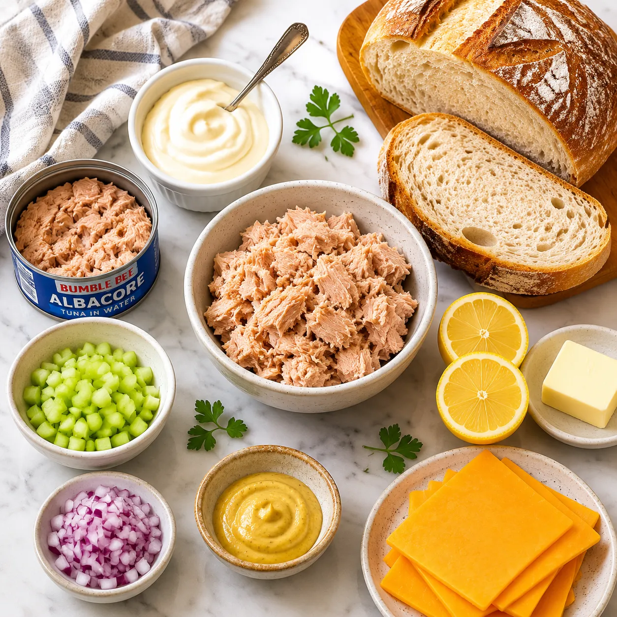 Tuna melt ingredients flatlay with tuna, cheddar, and sourdough
