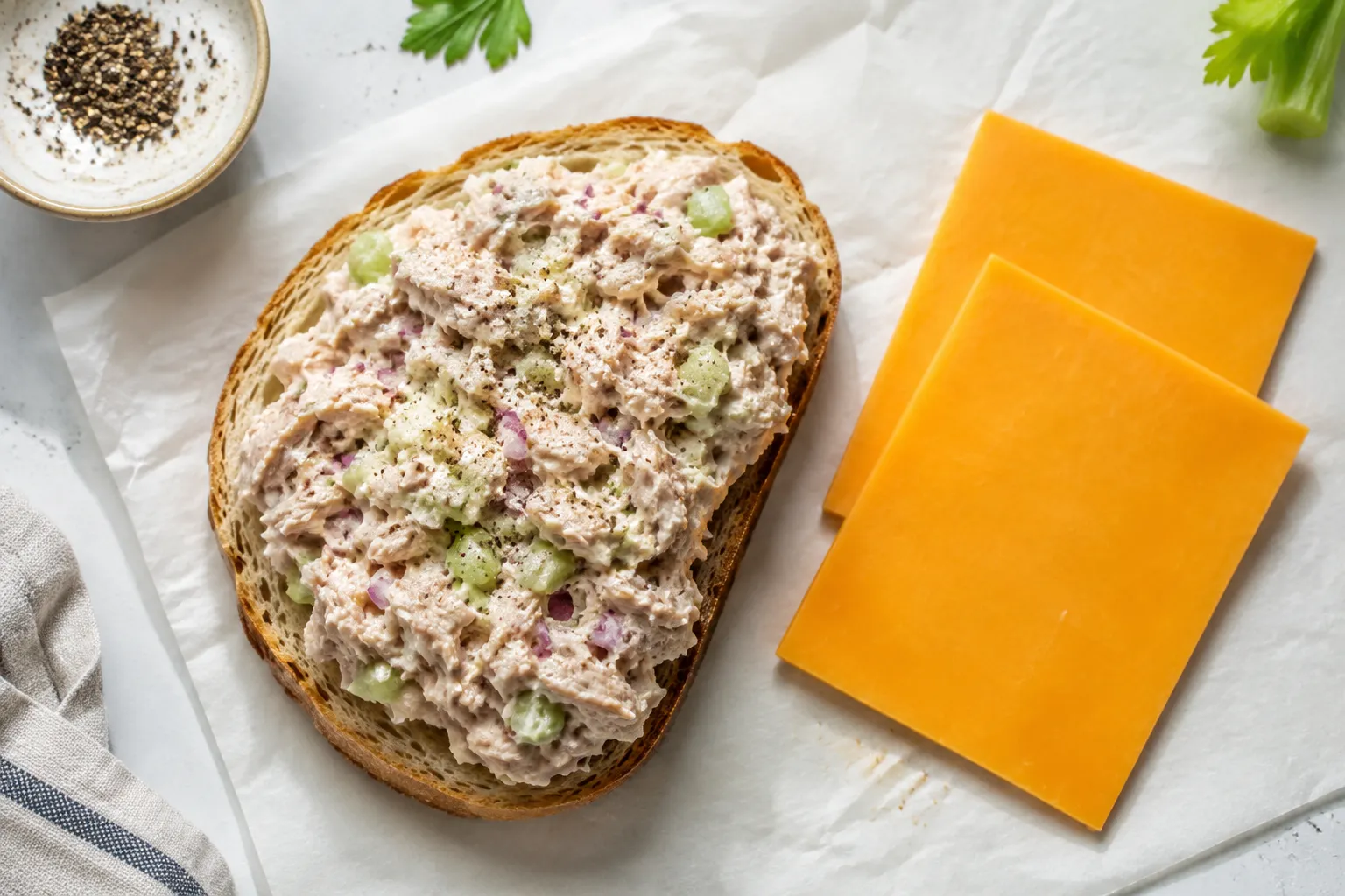 Building a tuna melt with cheddar cheese on sourdough