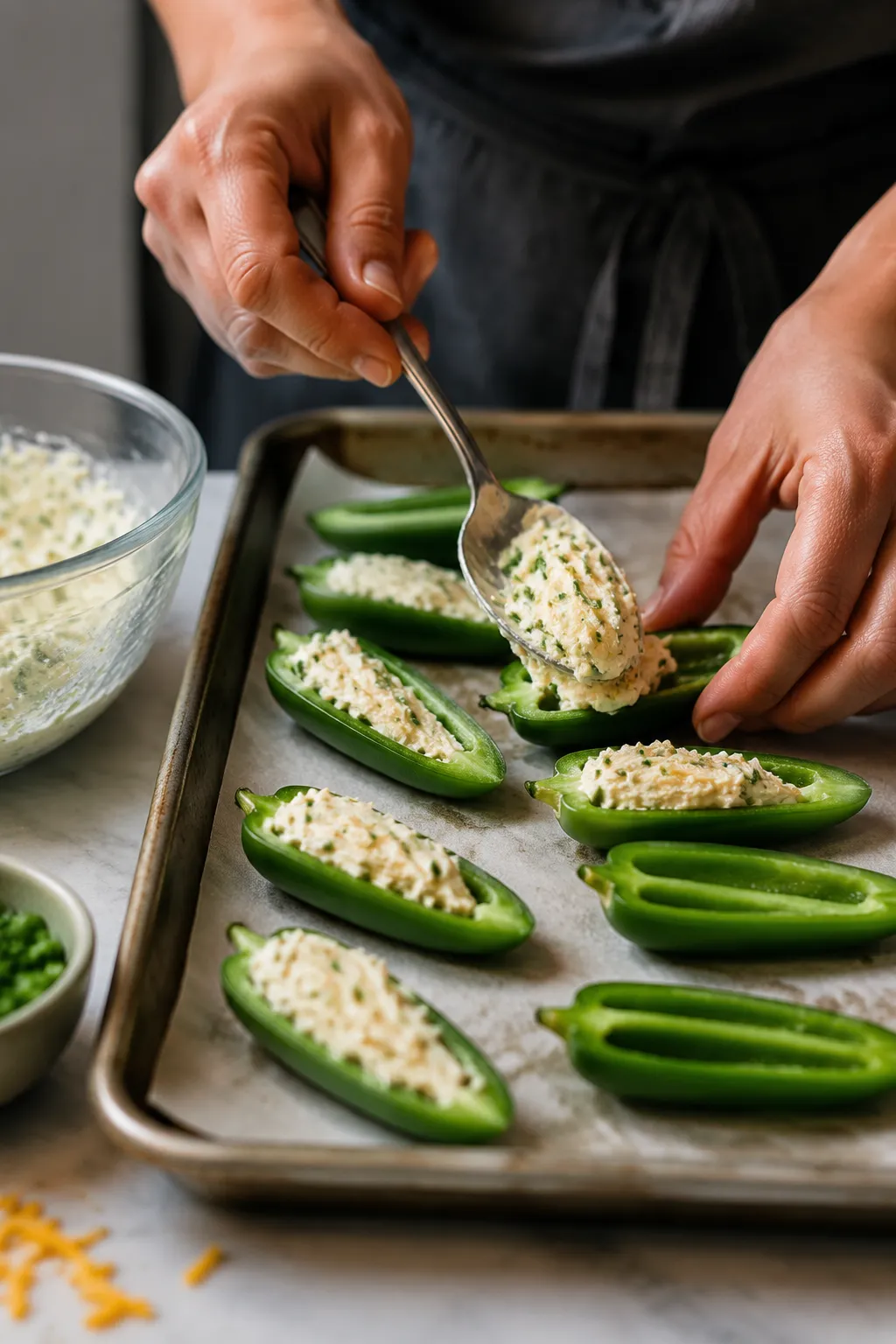 Filling jalapeno halves for baked jalapeno poppers