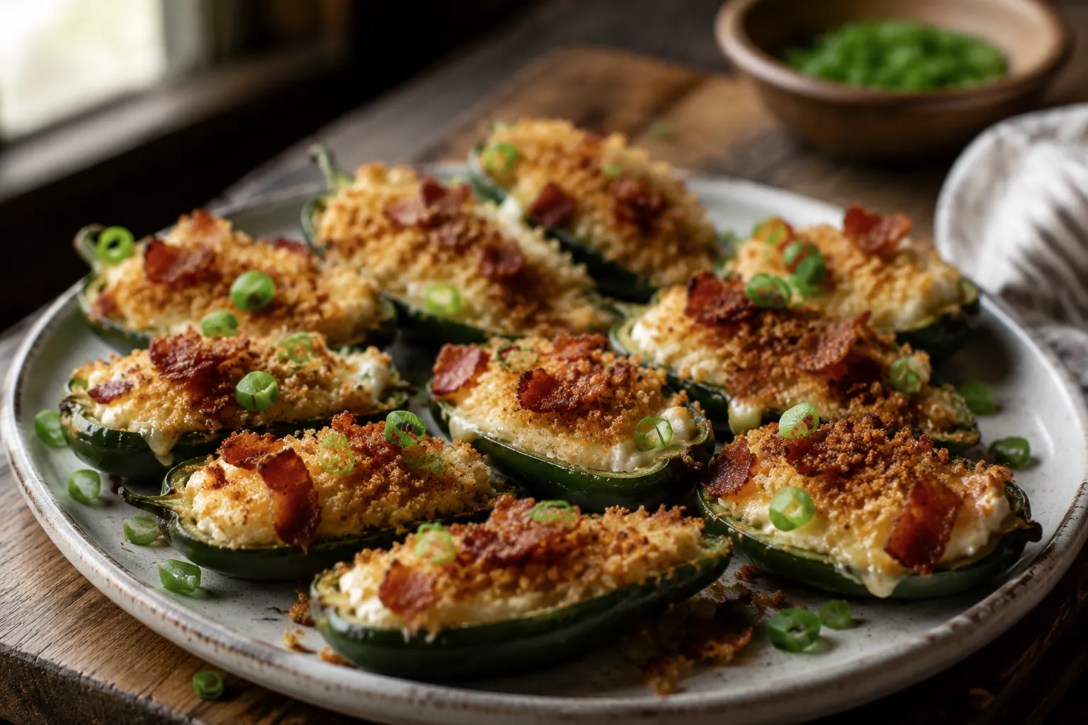 Baked jalapeno poppers recipe finished with bacon and crispy topping
