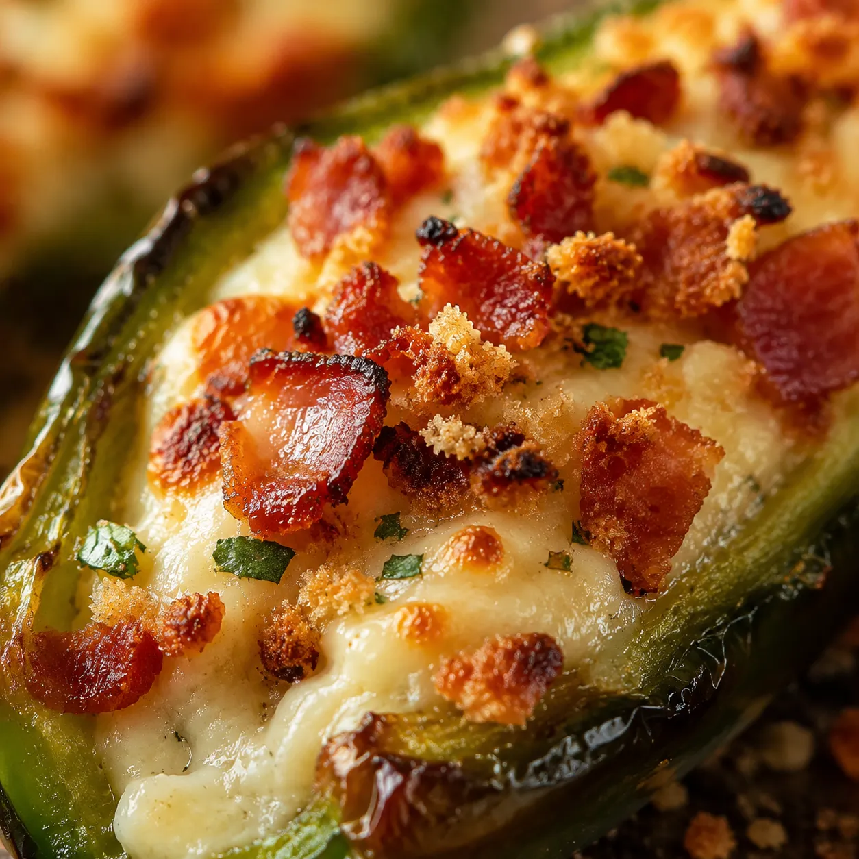 Close-up of creamy baked jalapeno popper with crispy bacon
