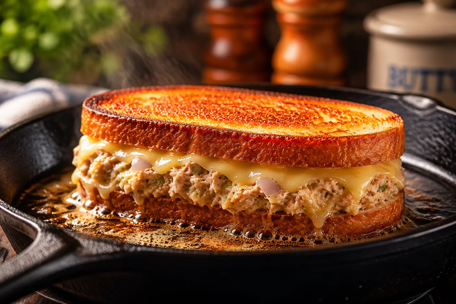 Tuna melt griddling in a cast-iron skillet until golden brown