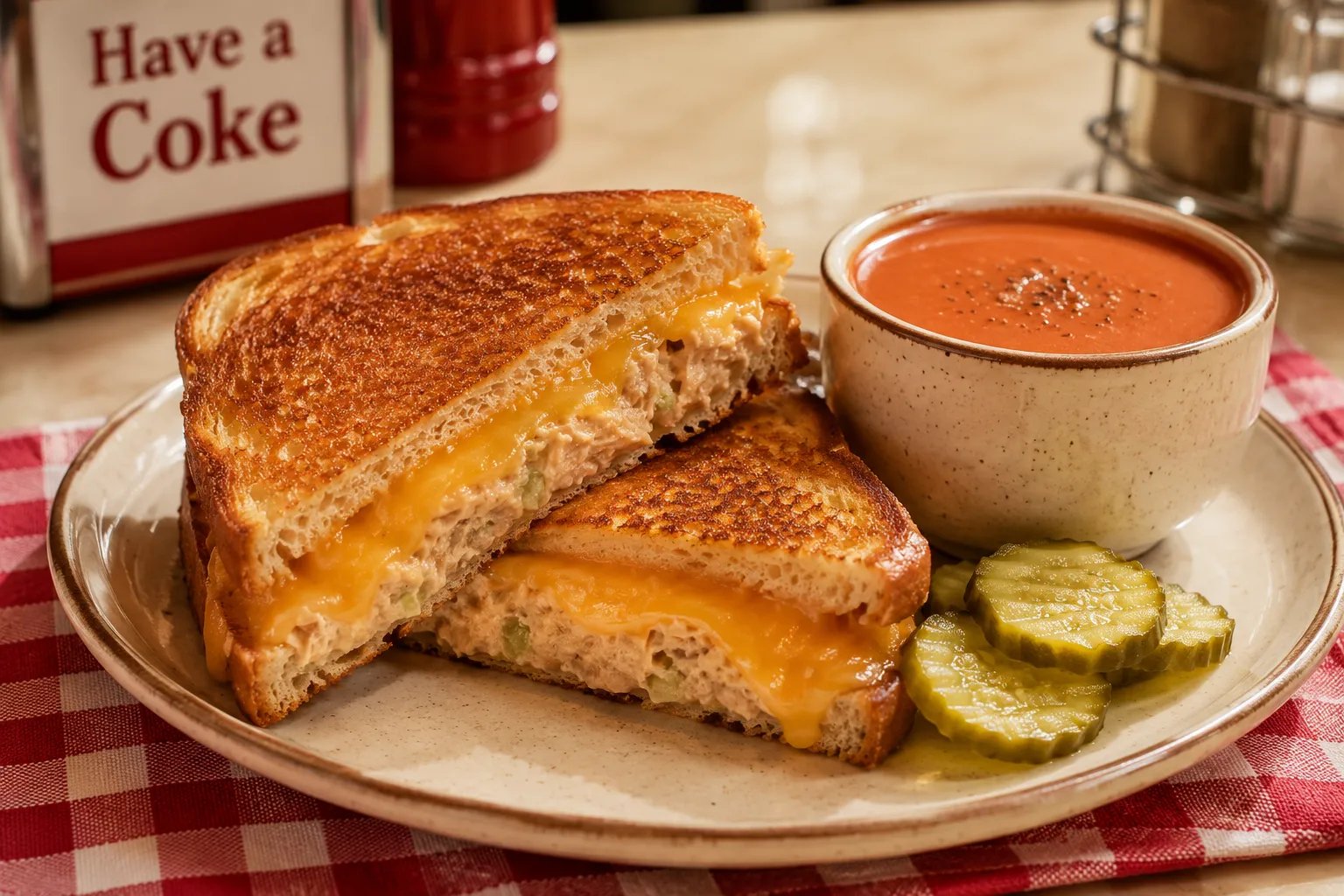 Plated tuna melt served with tomato soup and pickles