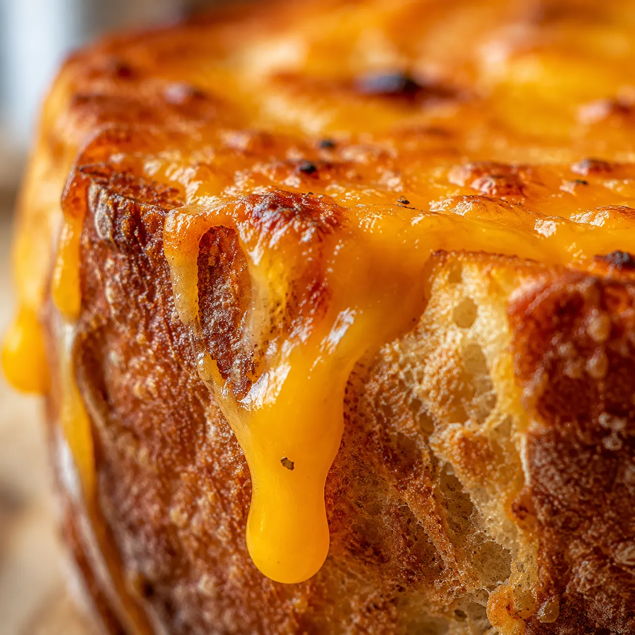 Close-up of melted cheddar dripping down a tuna melt