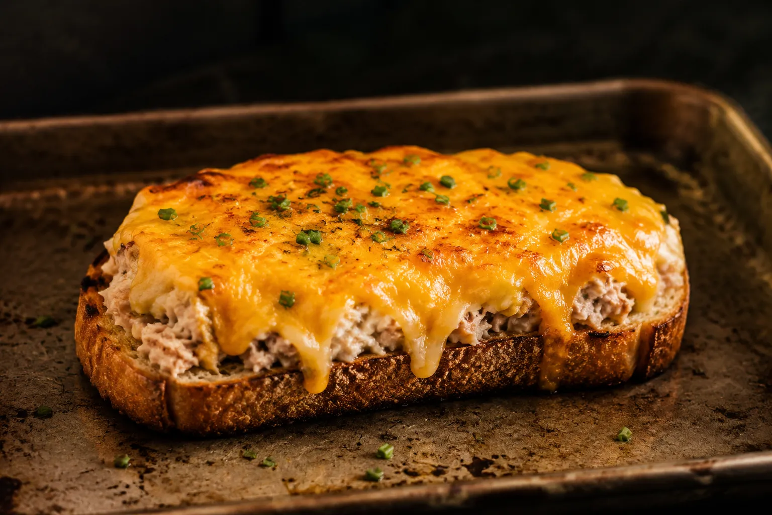Open-faced broiled tuna melt with bubbly browned cheddar