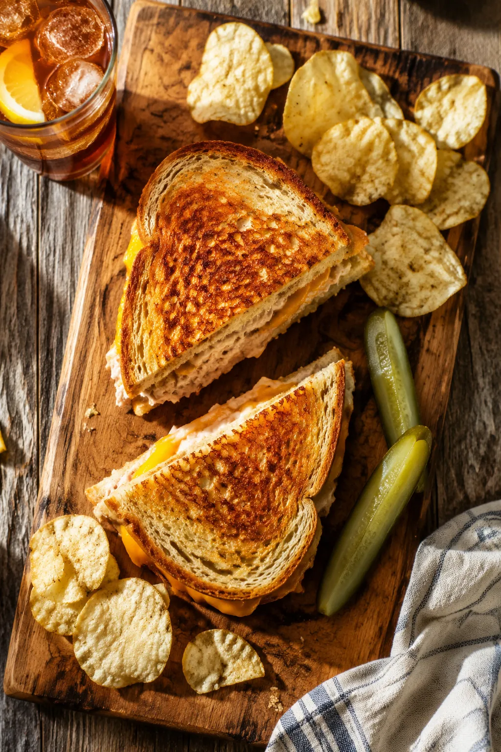 Tuna melts served with chips and pickles for lunch
