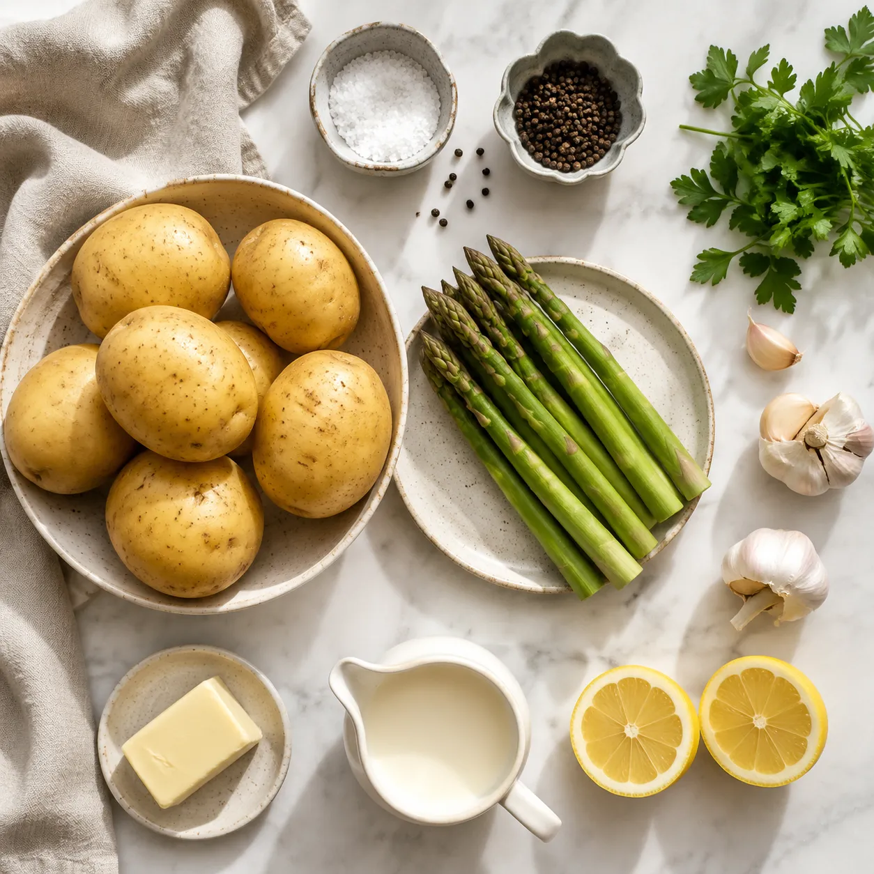 Ingredients flatlay for beef steak side dishes including potatoes, asparagus, butter, and garlic