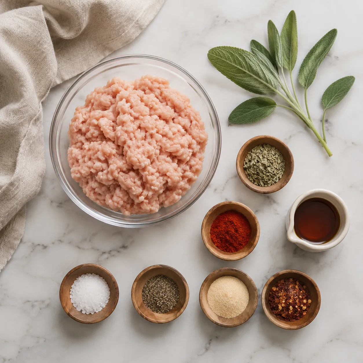 Turkey sausage ingredients flatlay with ground turkey, sage, and breakfast spices