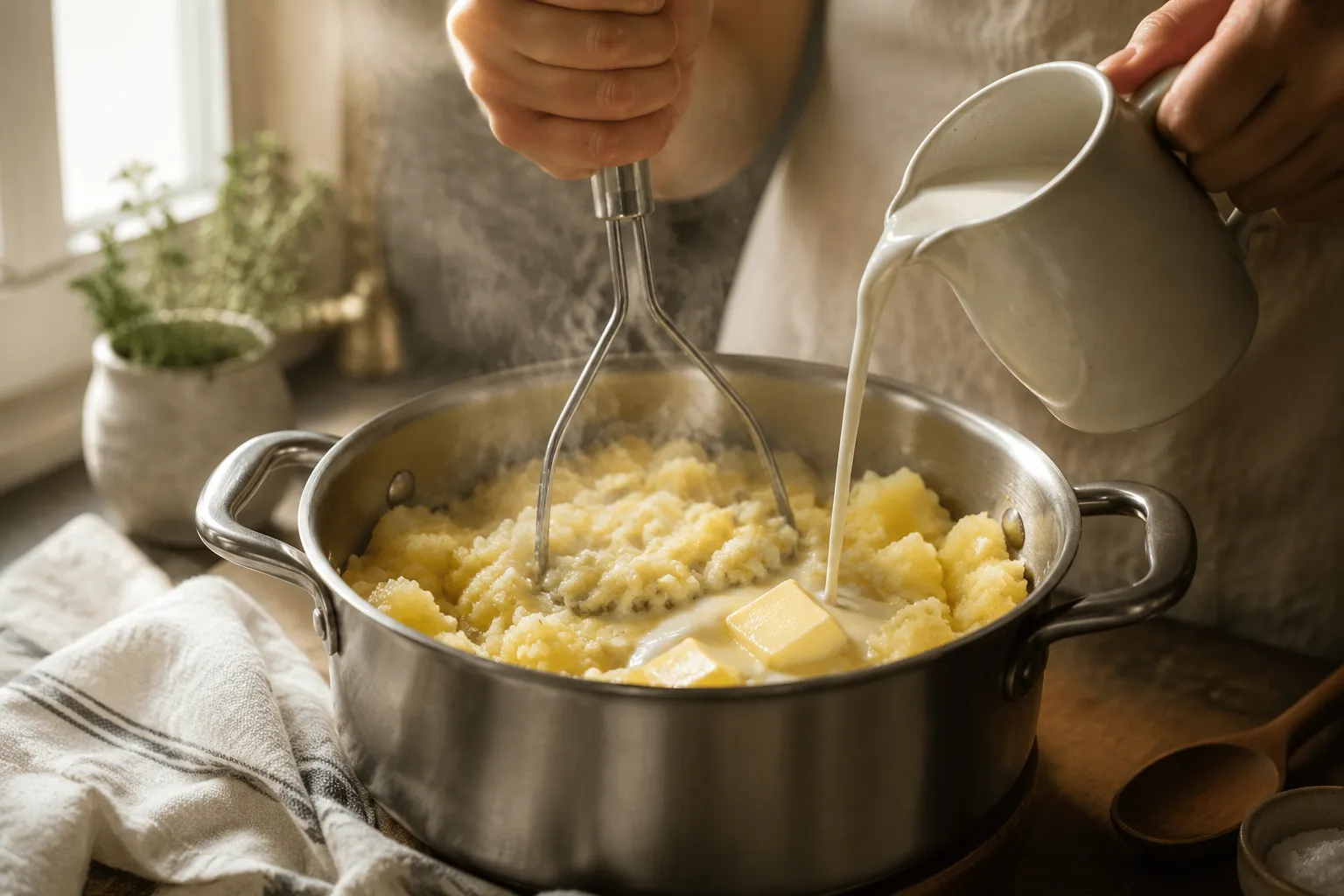 Mashing potatoes for a creamy beef steak side dish