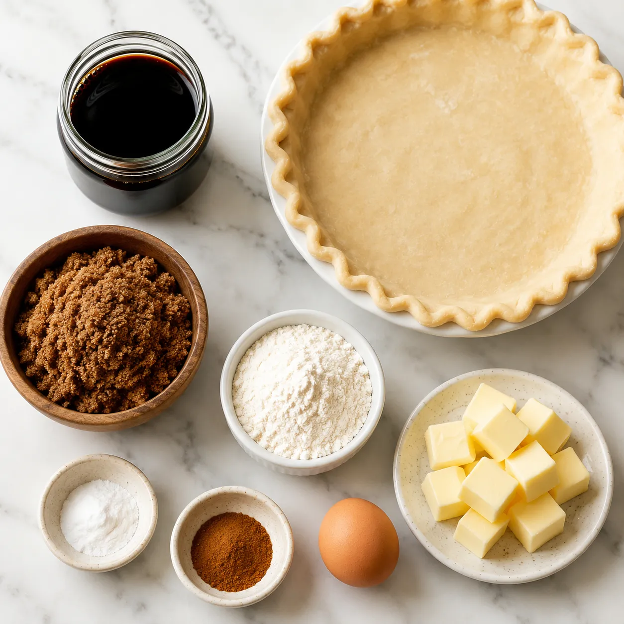 Shoofly pie ingredients flatlay with molasses, brown sugar, flour, butter and egg