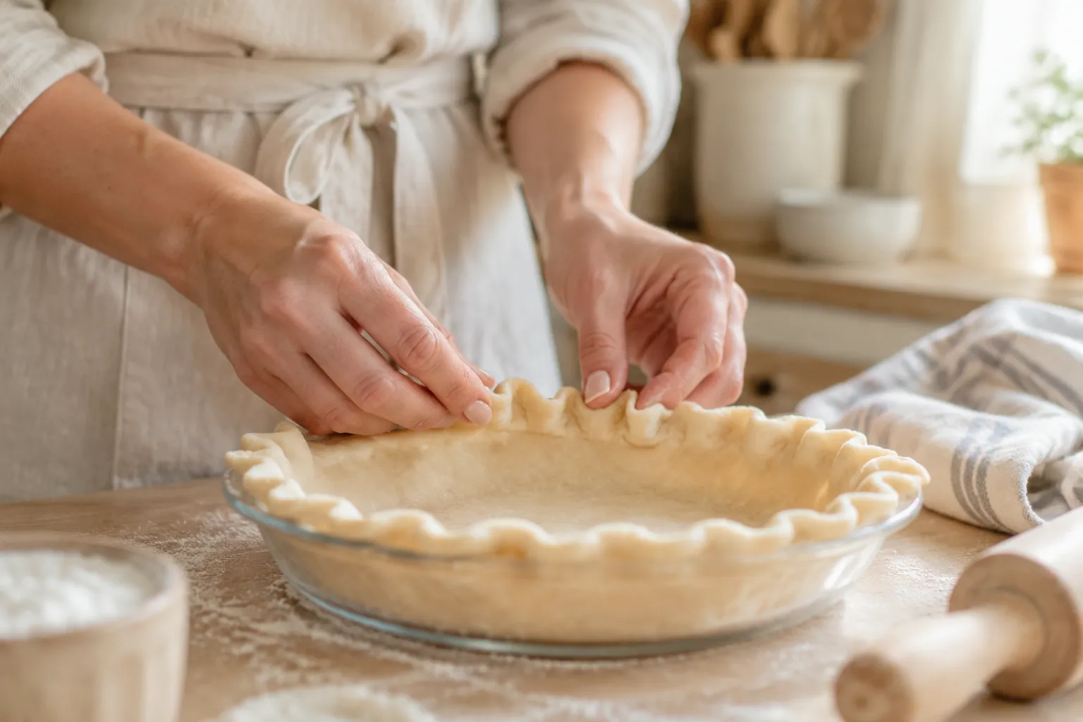 Hands crimping pie crust edge for homemade shoofly pie