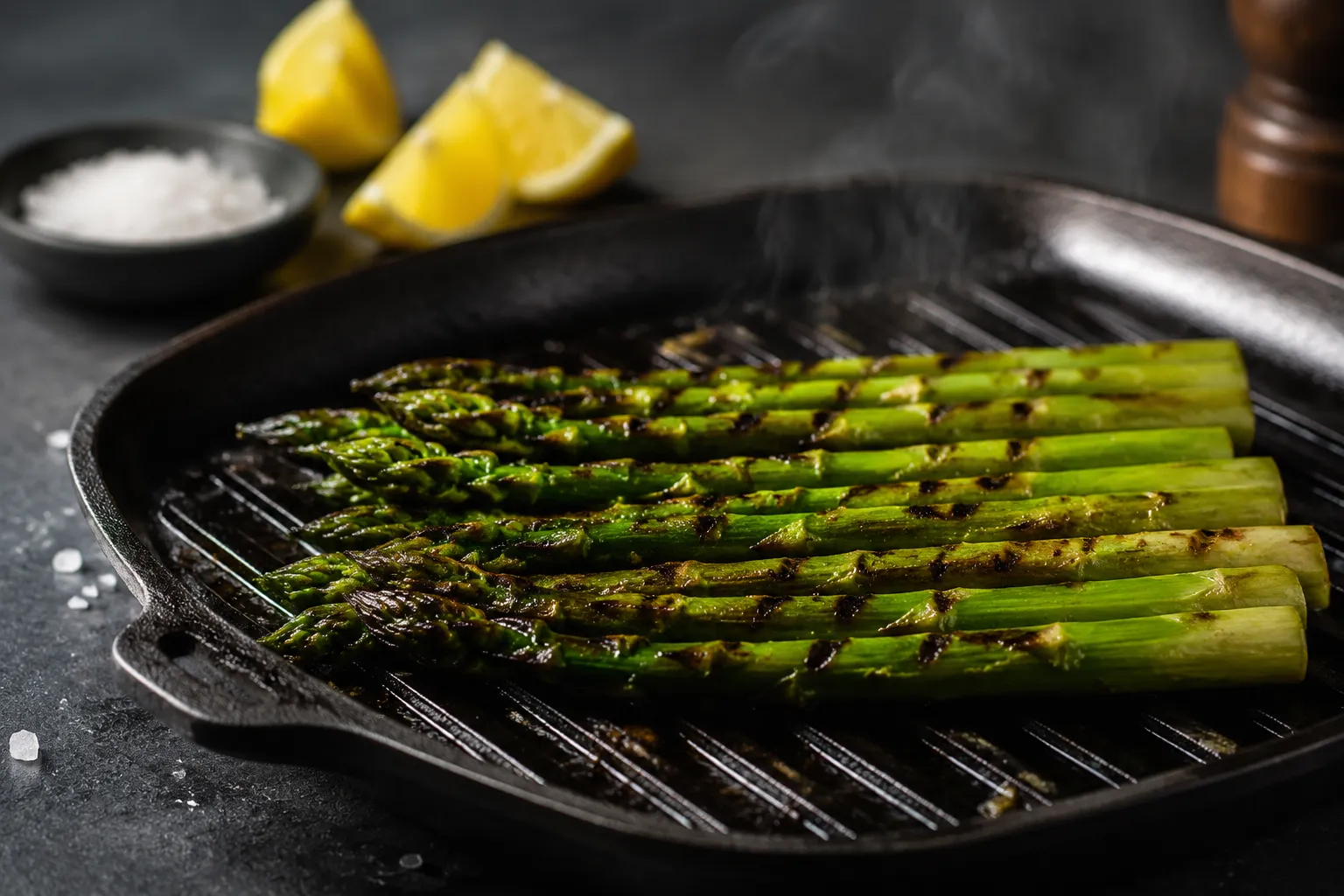 Grilled asparagus side dish for beef steak forming char marks on a grill pan