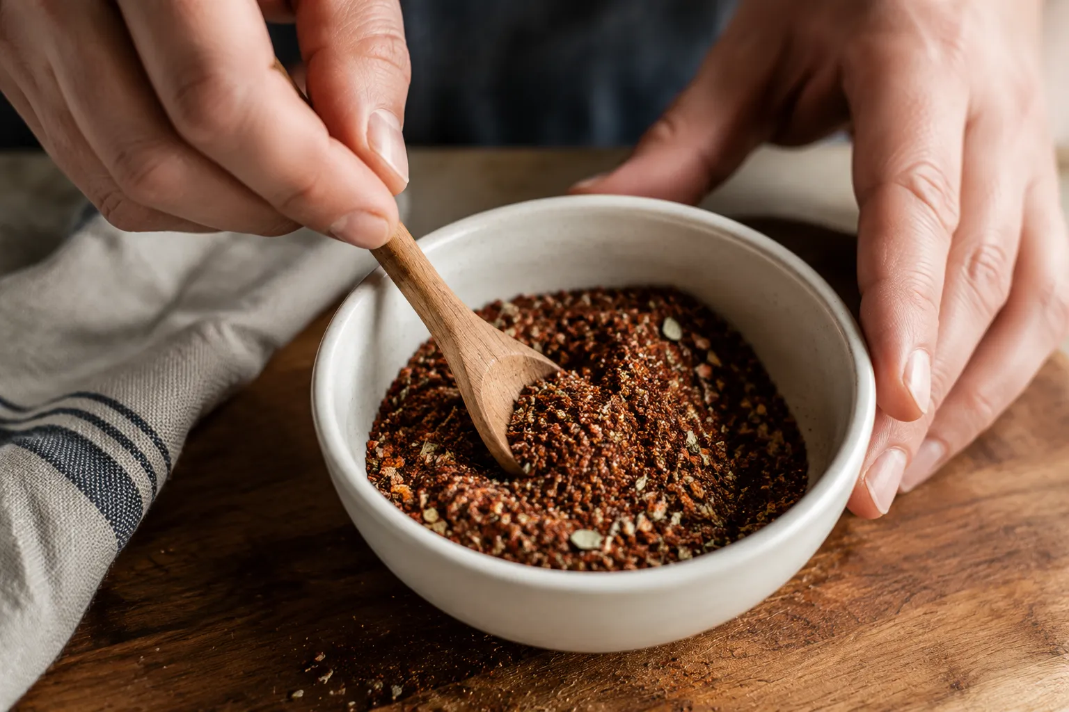 Mixing homemade turkey sausage seasoning blend in a small bowl