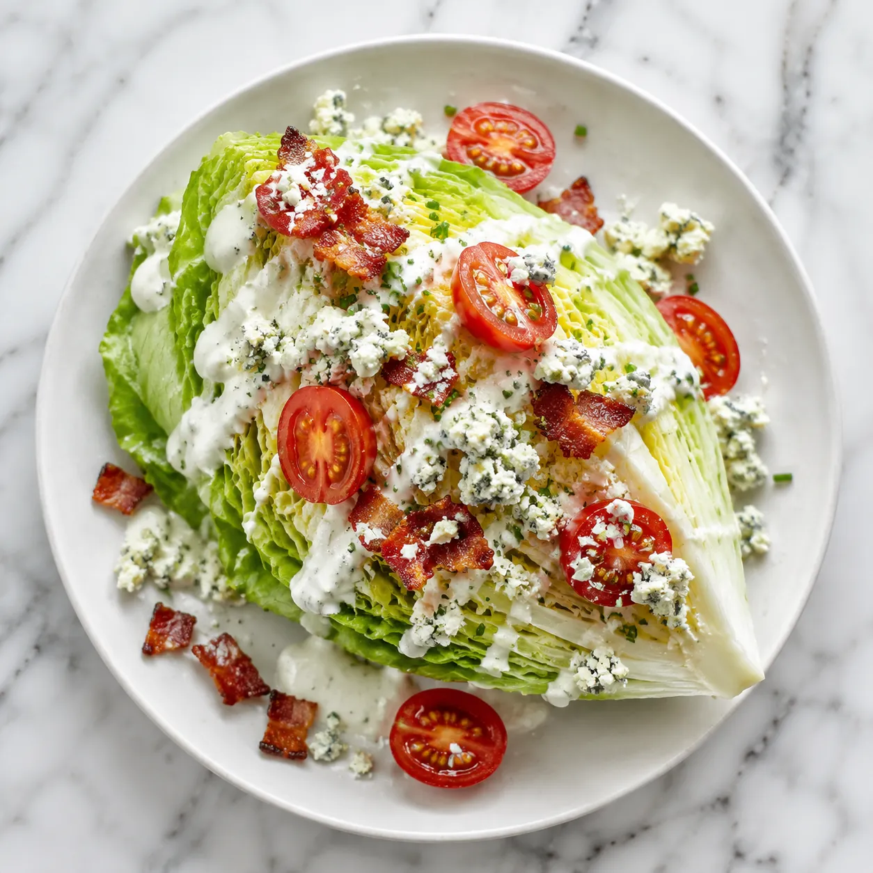Classic wedge salad side dish topped with blue cheese and bacon for steak