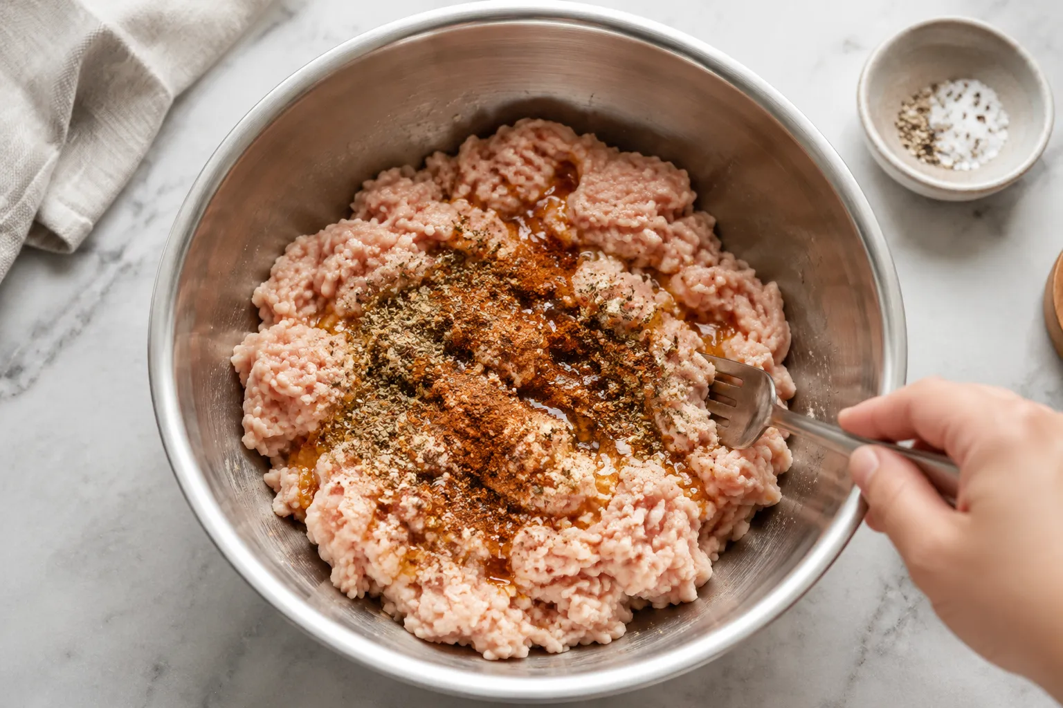 Ground turkey topped with sausage seasoning and maple syrup before mixing