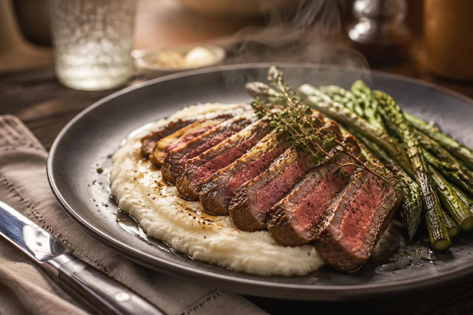 Plated beef steak with side dishes of mashed potatoes and grilled asparagus