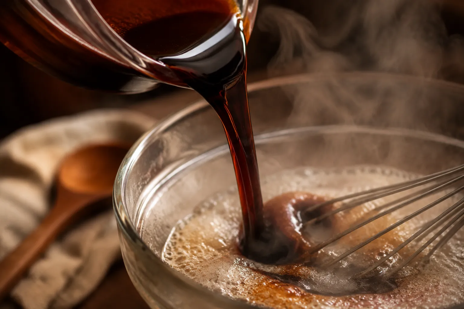 Pouring molasses into hot water and baking soda for shoo fly pie filling