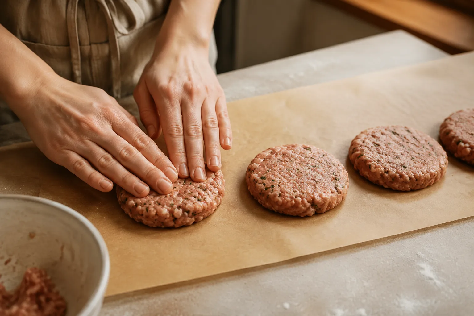 Shaping homemade turkey sausage patties on parchment paper