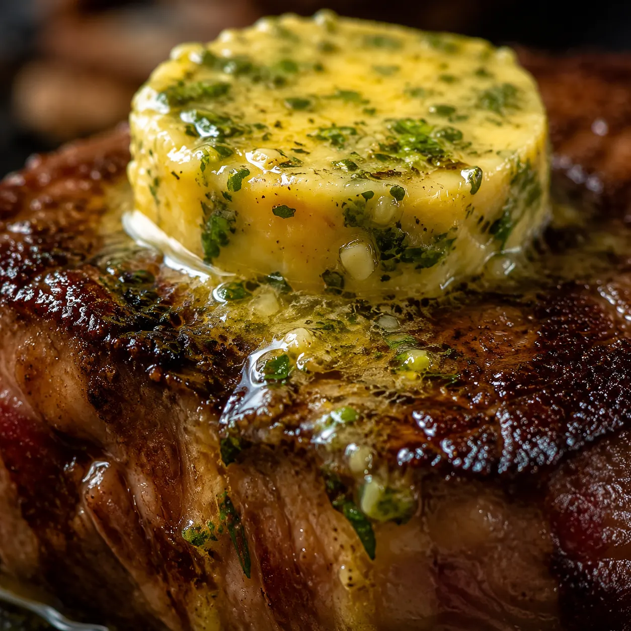 Compound butter melting over steak alongside steak side dishes