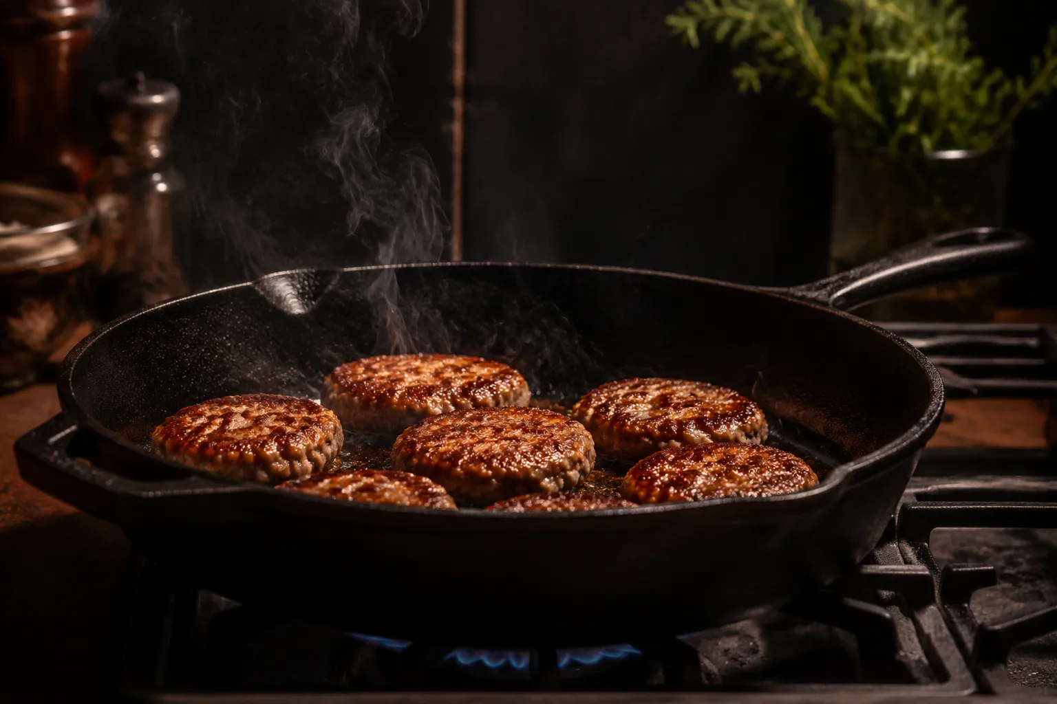 Turkey sausage patties browning in a cast iron skillet