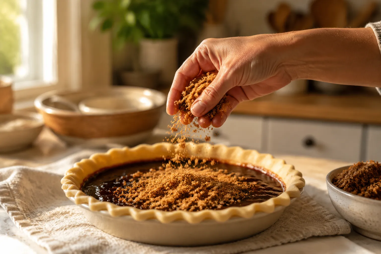 Sprinkling crumb topping over molasses filling for wet-bottom shoofly pie