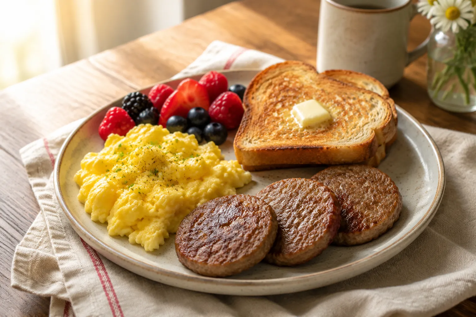 Turkey sausage patties plated with eggs and toast for breakfast