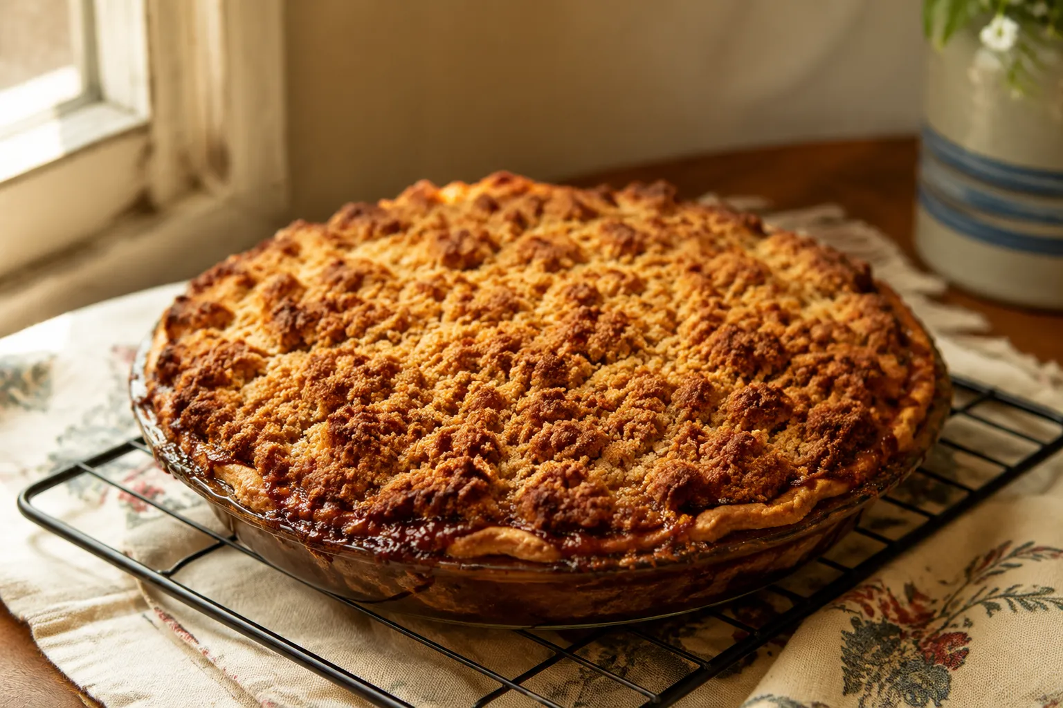 Freshly baked shoofly pie cooling on a wire rack